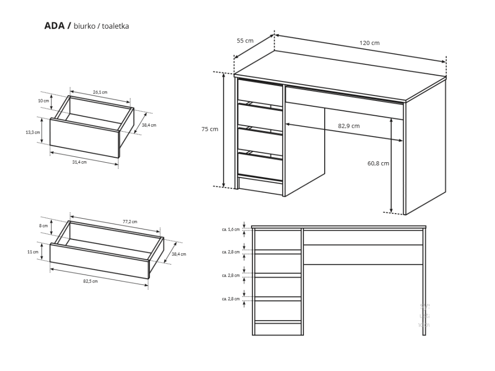 Biurko Ada kolor Antracyt. Prawe lub Lewe...