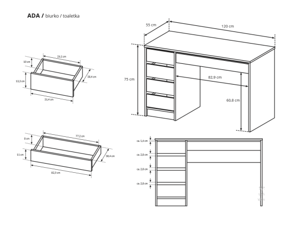 Biurko Ada kolor Antracyt. Prawe lub Lewe Uniwersalne.