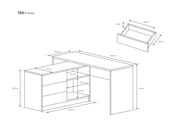 Biurko z szafką Teo kolor Grafit. Prawe lub Lewe