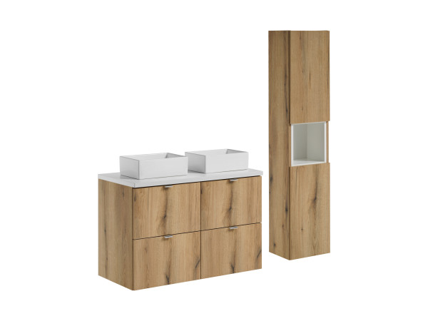 Zestaw meblowy 100cm z blatem, 2 umywalkami nablatowymi gaja i szafką wysoką