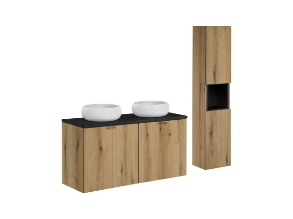 Zestaw meblowy 120cm z blatem, 2 umywalkami nablatowymi wiki i szafką wysoką