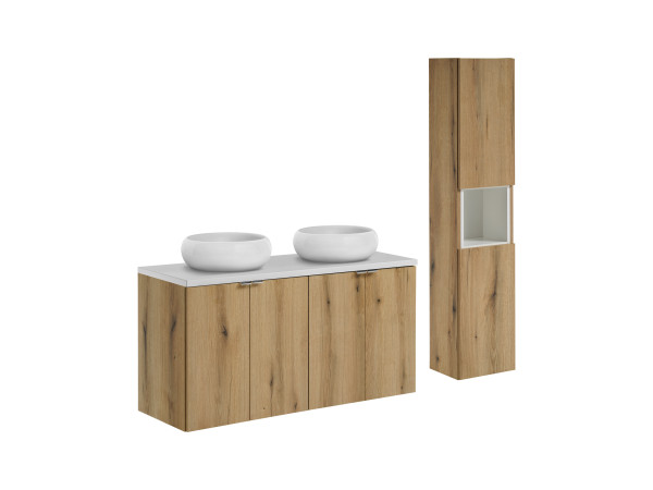 Zestaw meblowy 120cm z blatem, 2 umywalkami nablatowymi wiki i szafką wysoką