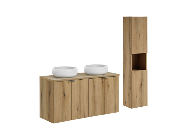 Zestaw meblowy 120cm z blatem, 2 umywalkami nablatowymi wiki i szafką wysoką