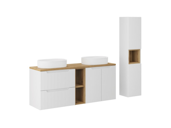 Zestaw meblowy 140cm z blatem, 2 umywalkami nablatowymi beyond i szafką wysoką