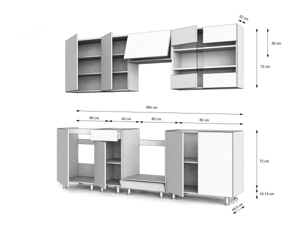 Przykładowe zestawienie kuchni 260cm Simply Biały / Kaszmir Lamele