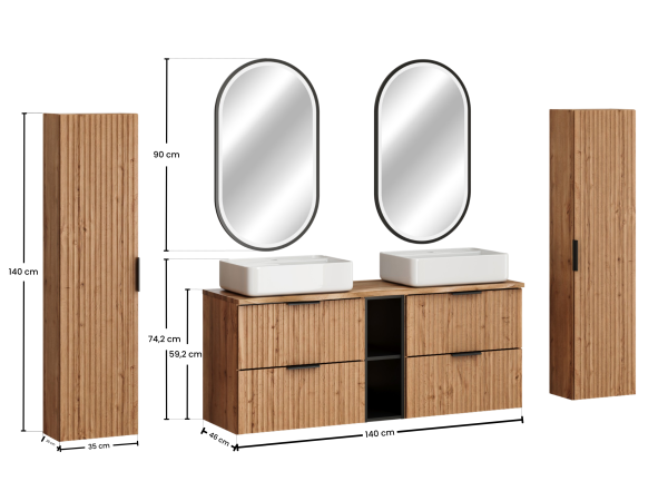 Zestaw meblowy 140cm z blatem, dwoma umywalkami nablatowymi magic, szafkami wysokimi i lustrem led