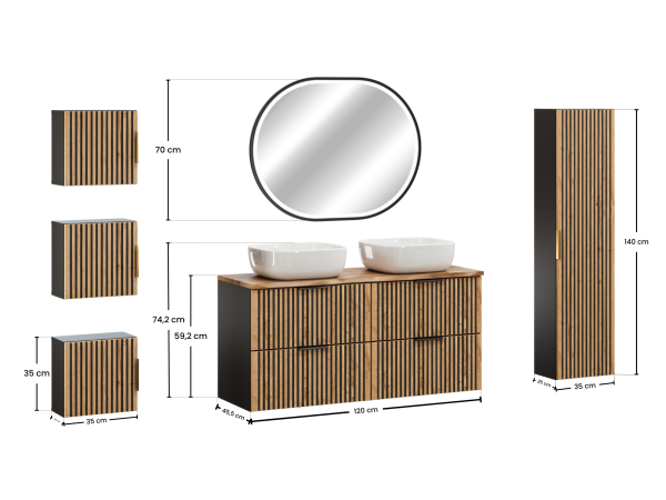 Zestaw meblowy 120cm z blatem, umywalką nablatową smile, szafką wysoką i lustrem led