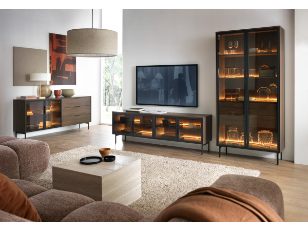 Zestaw Lumi Dąb Dunin  Witryna + RTV + KOMODA + LED.