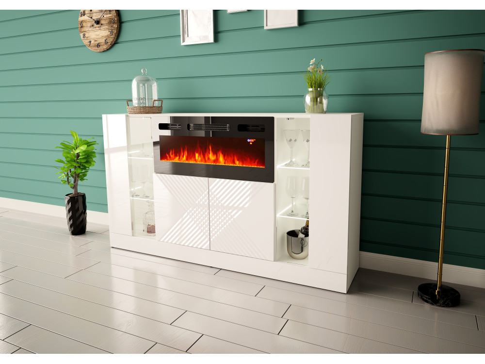 DIUNA-01 Komoda z kominkiem 160cm Biały Mat / Biały Połysk