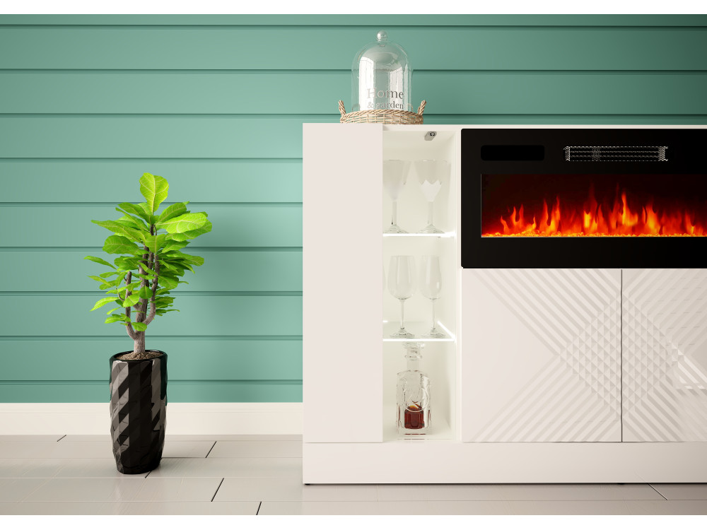 DIUNA-01 Komoda z kominkiem 160cm Biały Mat / Biały Połysk