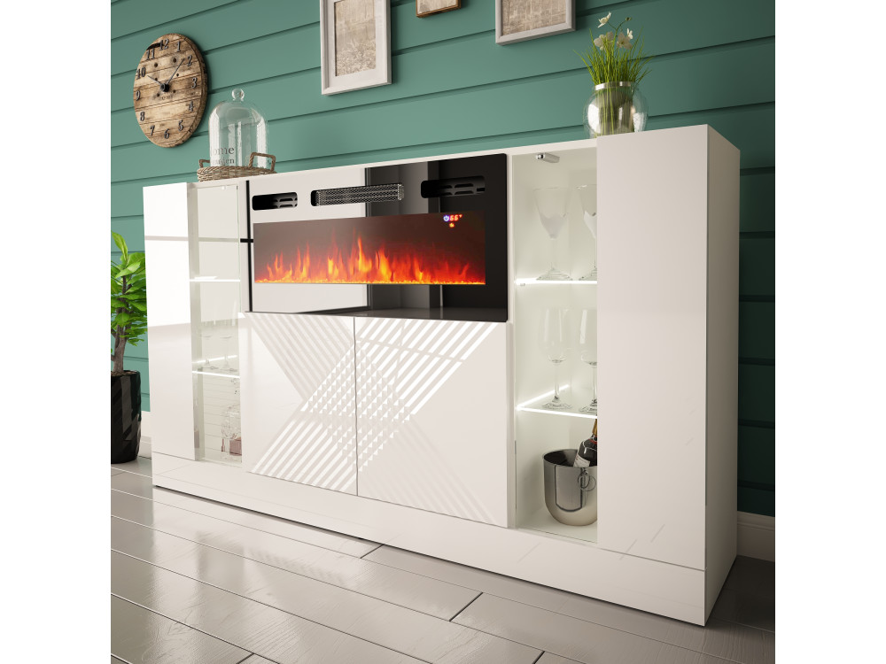 DIUNA-01 Komoda z kominkiem 160cm Biały Mat / Biały Połysk