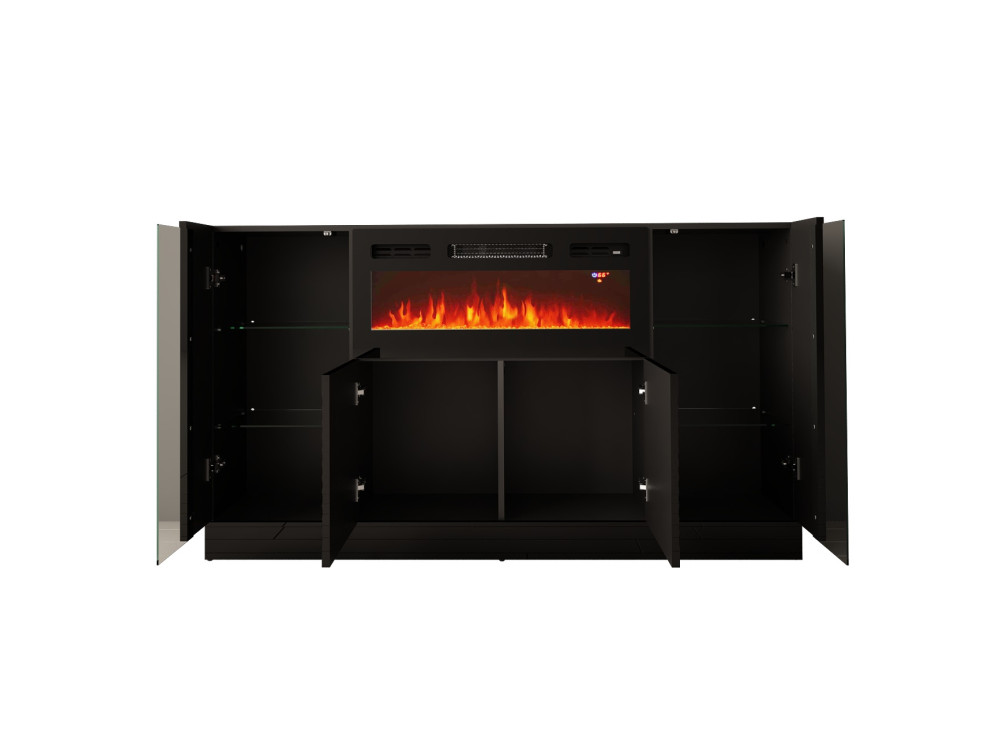 DIUNA-01 Komoda z kominkiem 160cm Czarny Mat / Czarny Połysk