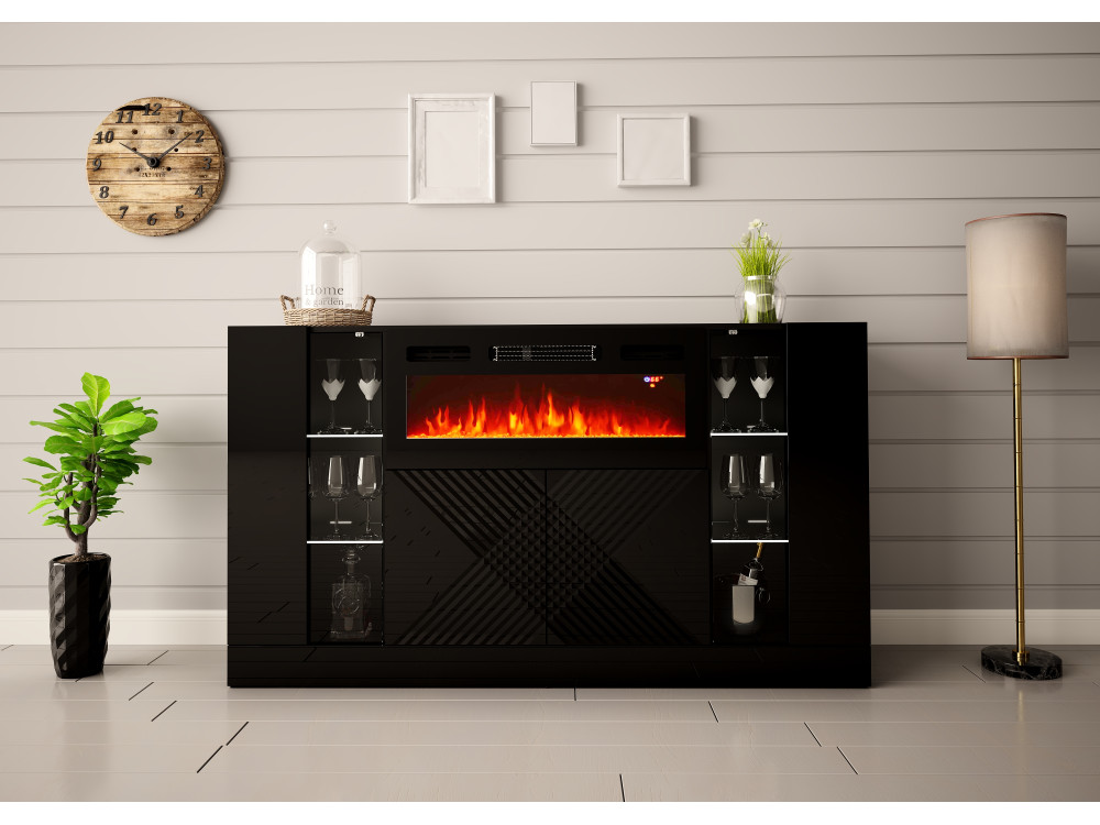 DIUNA-01 Komoda z kominkiem 160cm Czarny Mat / Czarny Połysk