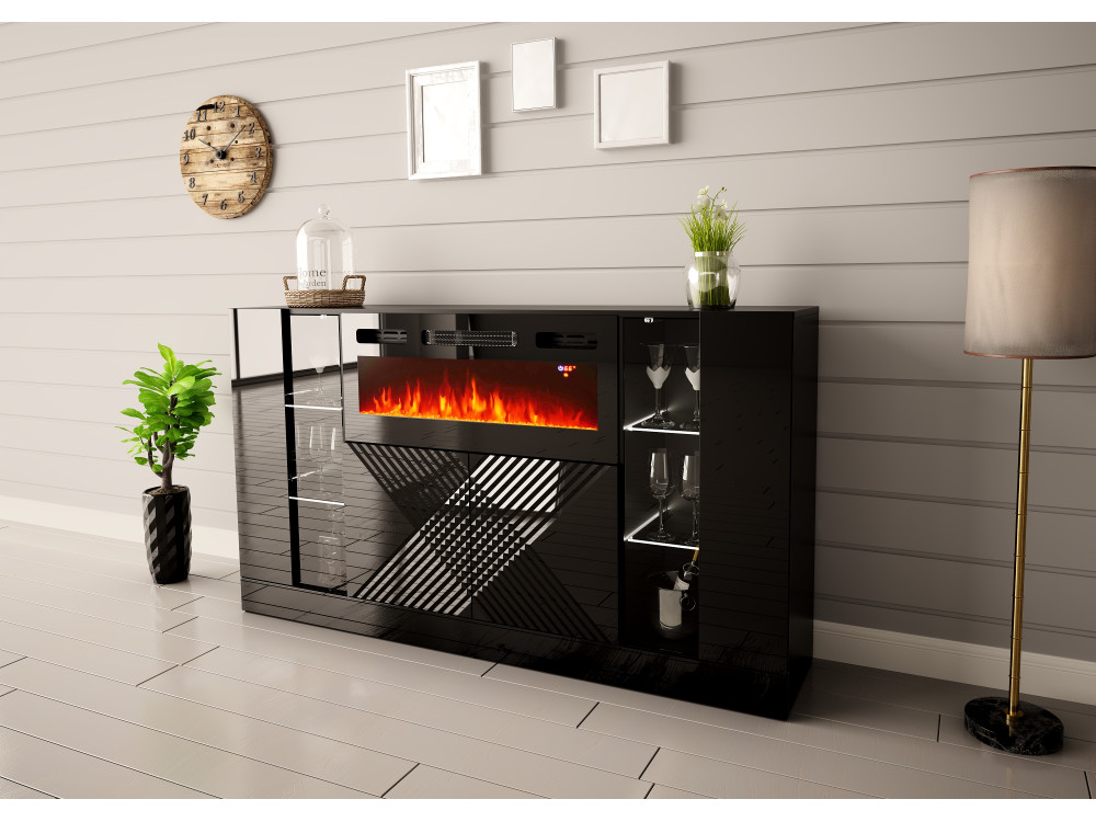 DIUNA-01 Komoda z kominkiem 160cm Czarny Mat / Czarny Połysk