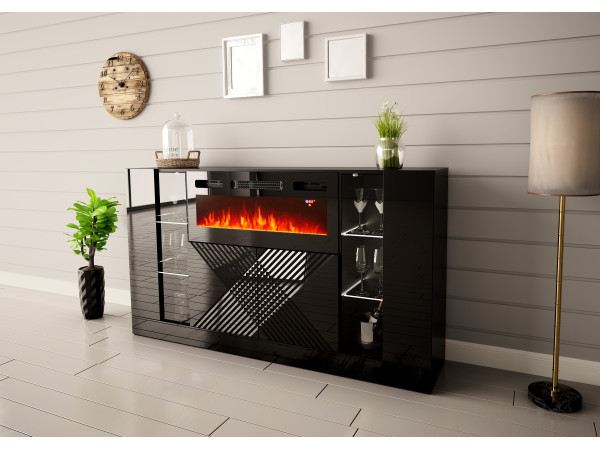 DIUNA-01 Komoda z kominkiem 160cm Czarny Mat / Czarny Połysk DIUNA-01 Komoda z kominkiem 160cm Czarny Mat / Czarny Połysk