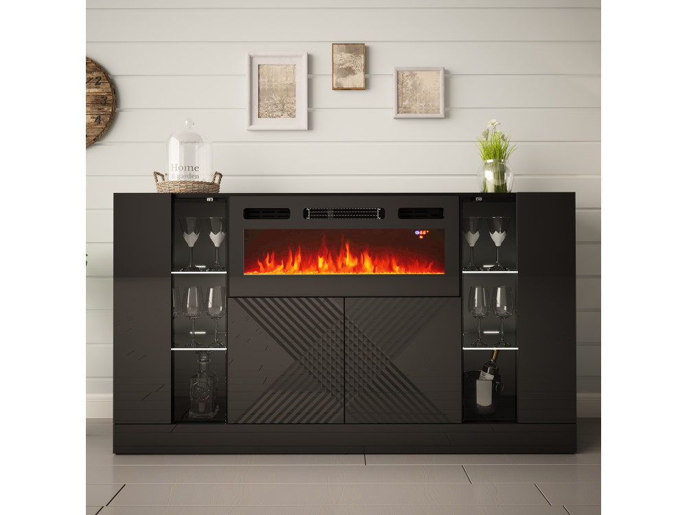 DIUNA-01 Komoda z kominkiem 160cm Czarny Mat / Czarny Połysk