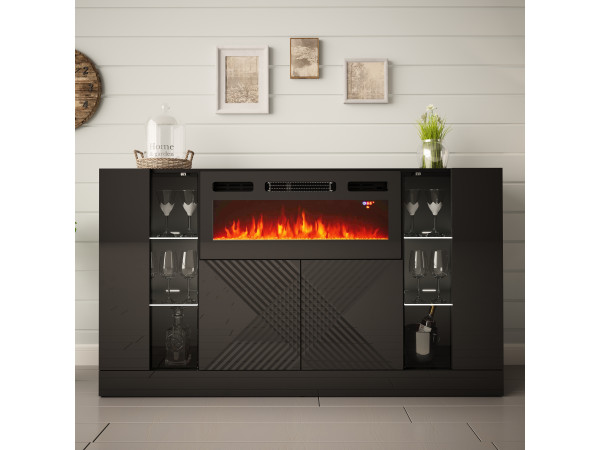 DIUNA-01 Komoda z kominkiem 160cm Czarny Mat / Czarny Połysk DIUNA-01 Komoda z kominkiem 160cm Czarny Mat / Czarny Połysk