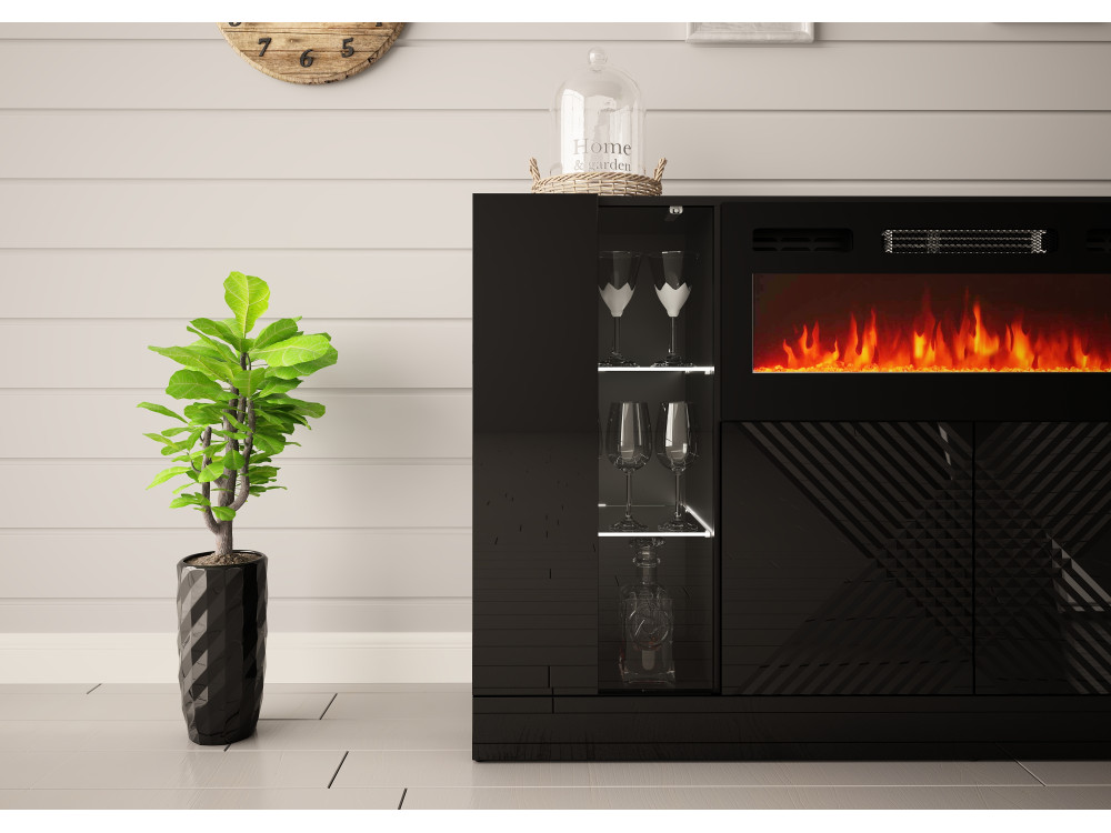 DIUNA-01 Komoda z kominkiem 160cm Czarny Mat / Czarny Połysk