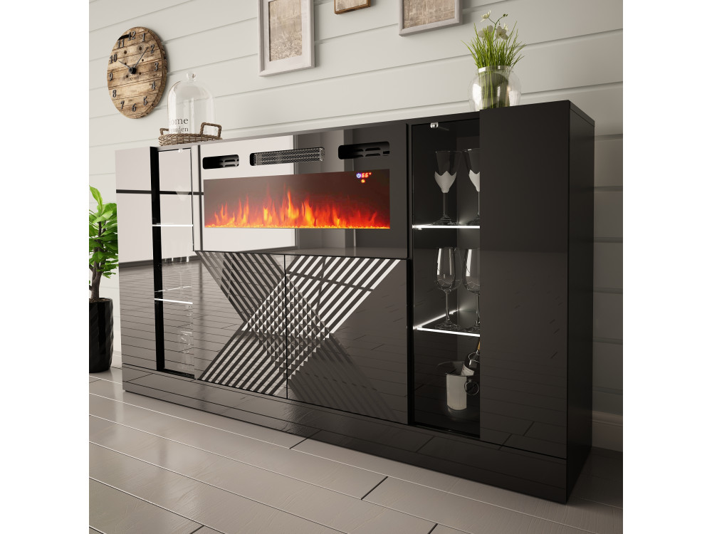 DIUNA-01 Komoda z kominkiem 160cm Czarny Mat / Czarny Połysk