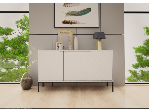 Komoda ze wzorem jodełki Aspen 03 biały mat 150cm czarny stelaż