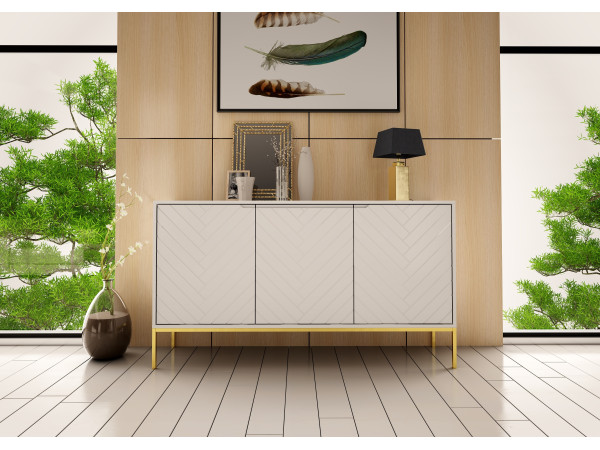 Komoda ze wzorem jodełki Aspen 03 biały mat 150cm złoty stelaż