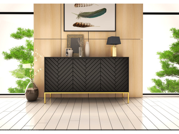 Komoda ze wzorem jodełki Aspen 03 czarny mat 150cm złoty stelaż