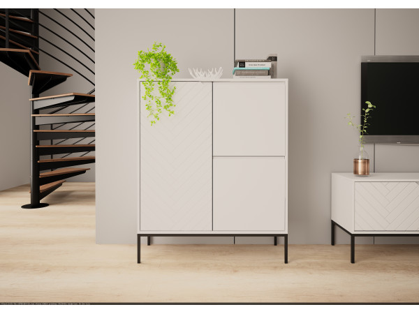 Wysoka komoda w jodełkę Aspen 07 biała czarny stelaż