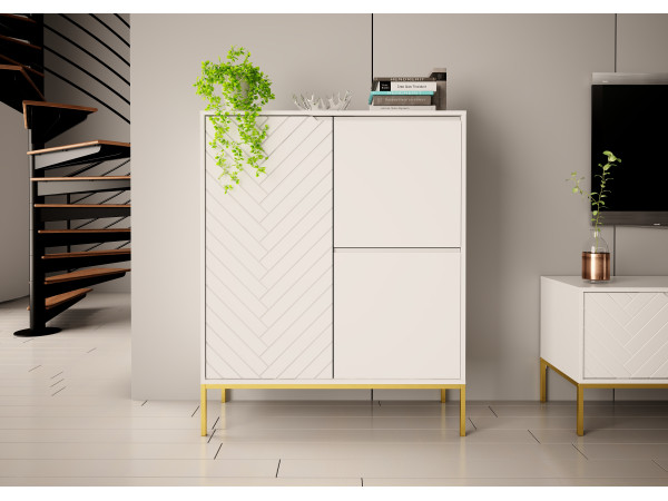 Wysoka komoda w jodełkę Aspen 07 biała złoty stelaż