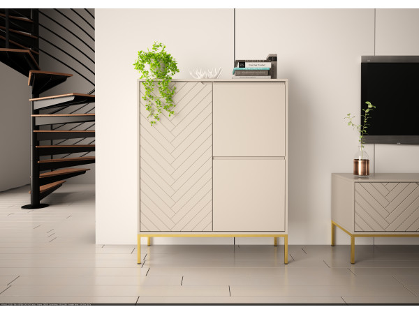 Wysoka komoda w jodełkę Aspen 07 cashmere - złoty stelaż