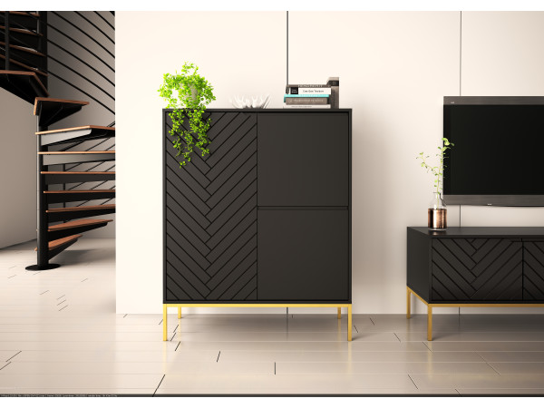 Wysoka komoda w jodełkę Aspen 07 czarna - złoty stelaż