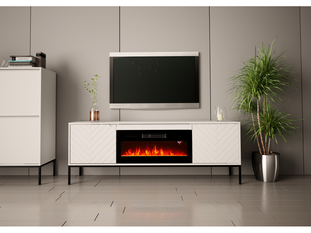 Szafka RTV z kominkiem Aspen 02 biały mat 180cm z czarnym stelażem