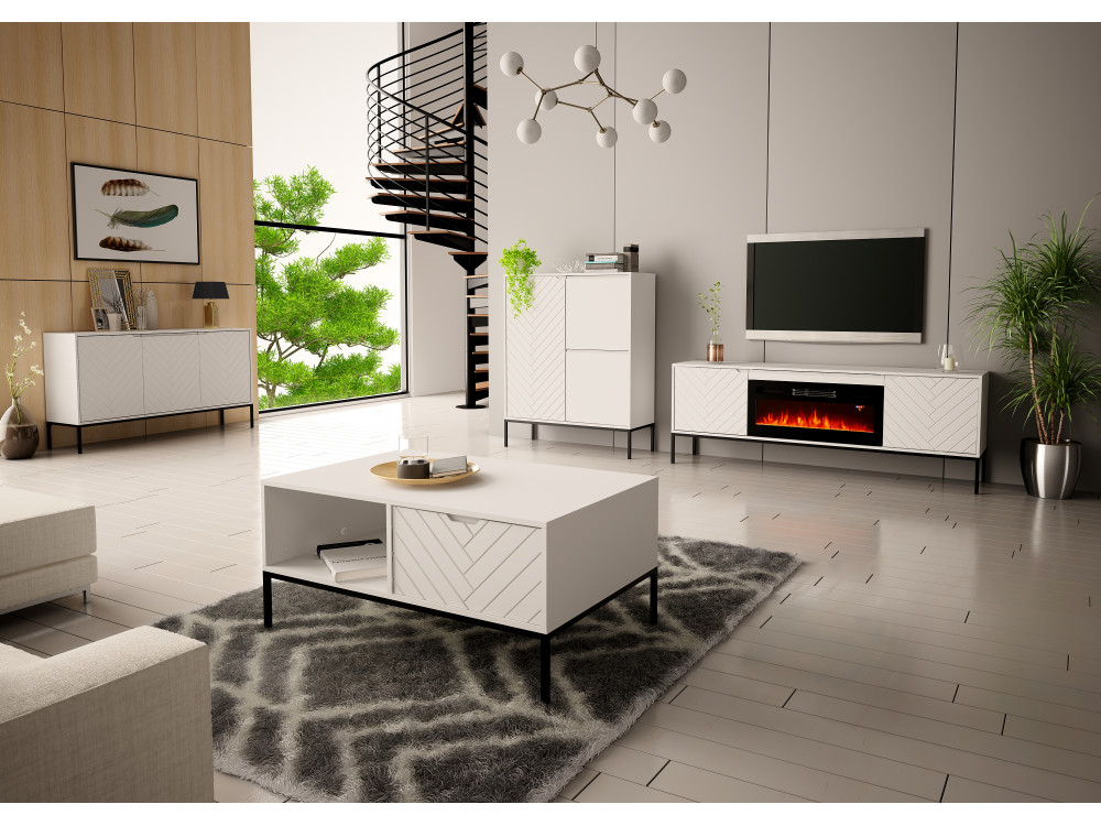 Szafka RTV z kominkiem Aspen 02 biały mat 180cm z czarnym stelażem