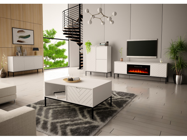 Szafka RTV z kominkiem Aspen 02 biały mat 180cm z czarnym stelażem Szafka RTV z kominkiem Aspen 02 biały mat 180cm z czarnym stelażem