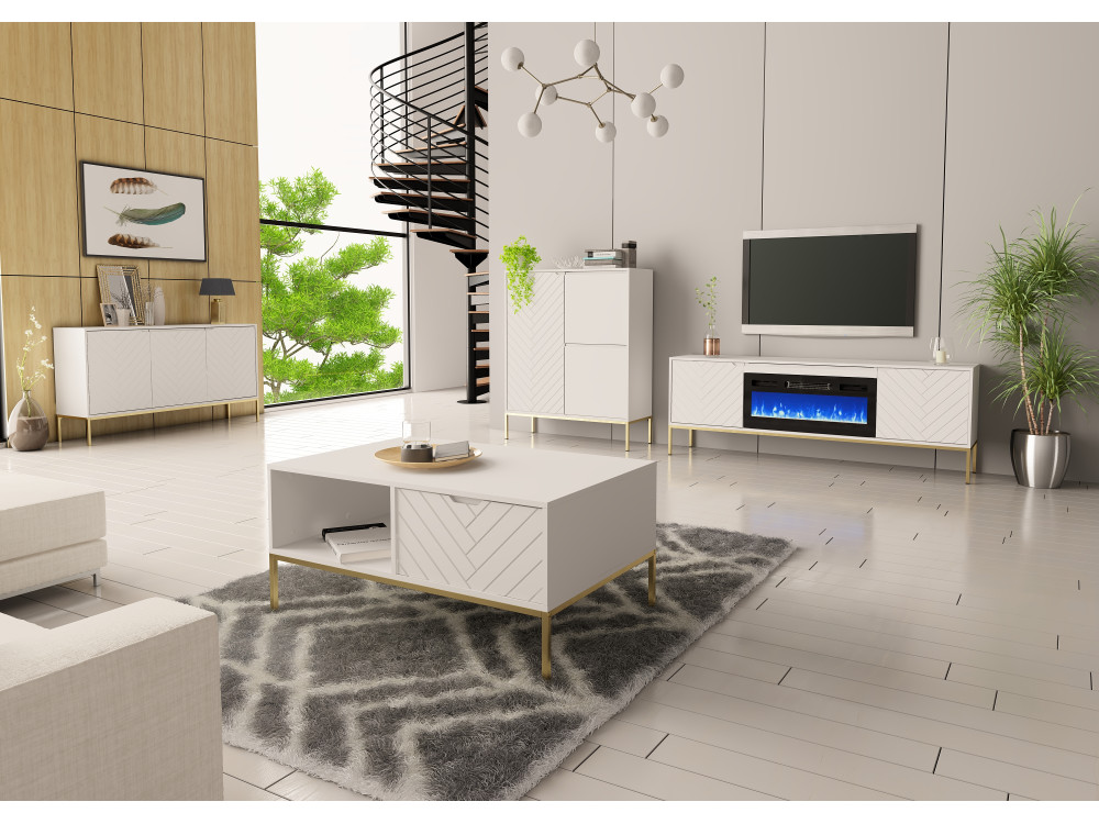 Szafka RTV z kominkiem Aspen 02 biały mat 180cm ze złotym stelażem