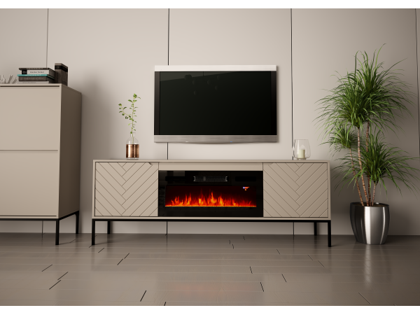 Szafka RTV z kominkiem Aspen 02 cashmere z czarnym stelażem 180cm