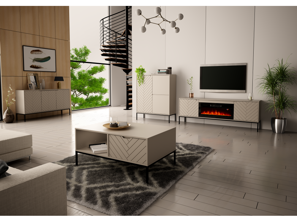 Szafka RTV z kominkiem Aspen 02 cashmere z czarnym stelażem 180cm