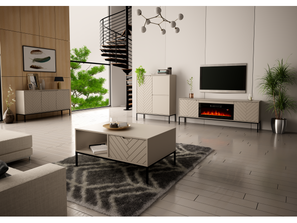 Szafka RTV z kominkiem Aspen 02 cashmere z czarnym stelażem 180cm Szafka RTV z kominkiem Aspen 02 cashmere z czarnym stelażem 180cm