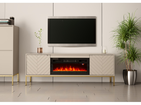 Szafka RTV z kominkiem Aspen 02 cashmere ze złotym stelażem 180cm