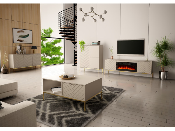 Szafka RTV z kominkiem Aspen 02 cashmere ze złotym stelażem 180cm Szafka RTV z kominkiem Aspen 02 cashmere ze złotym stelażem 180cm