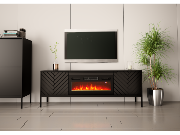 Szafka RTV z kominkiem Aspen 02 czarna z czarnym stelażem 180cm