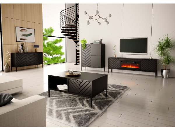 Szafka RTV z kominkiem Aspen 02 czarna z czarnym stelażem 180cm Szafka RTV z kominkiem Aspen 02 czarna z czarnym stelażem 180cm