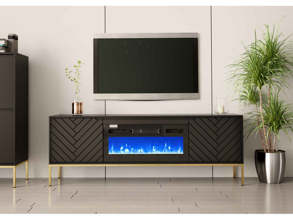 Szafka RTV z kominkiem Aspen 02 czarna ze złotym stelażem 180cm