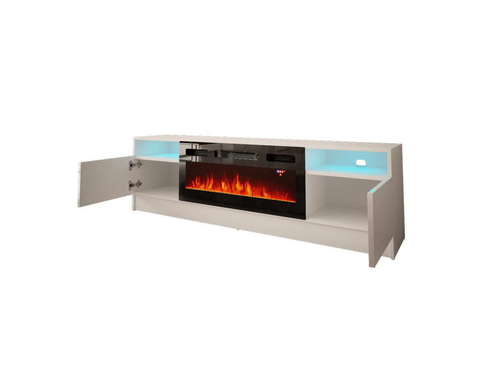 DUKE-01 Szafka RTV z kominkiem 160cm Biały Mat Biały Połysk + LED