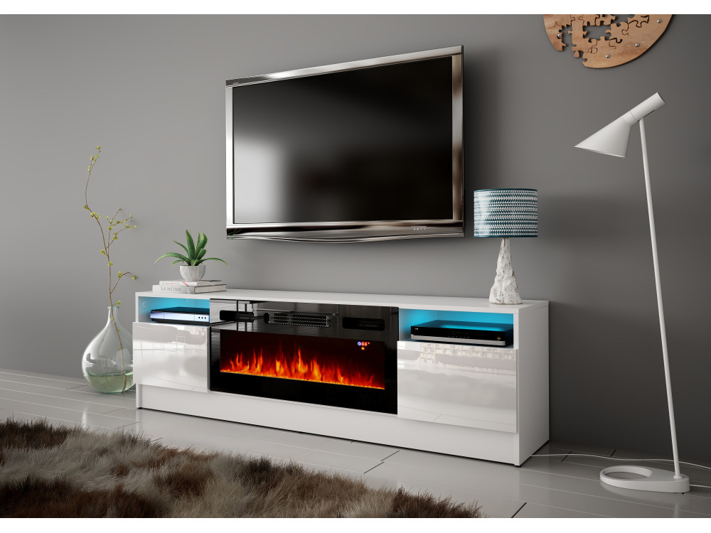 DUKE-01 Szafka RTV z kominkiem 160cm Biały Mat Biały Połysk + LED