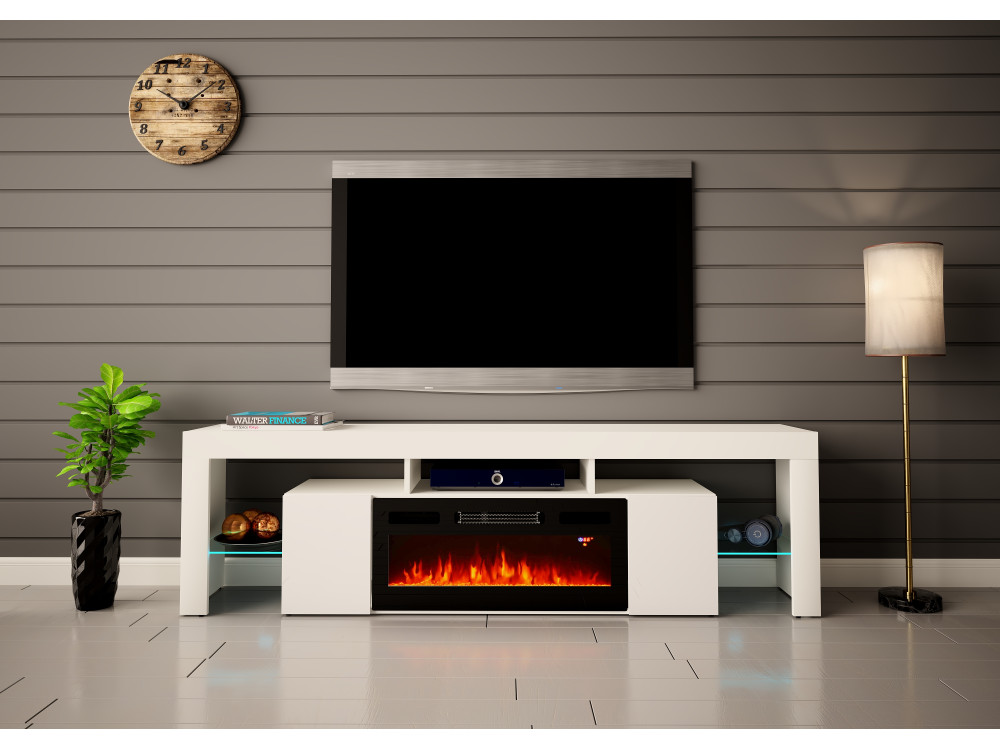 Szafka RTV z kominkiem SOLEO 200cm Biała