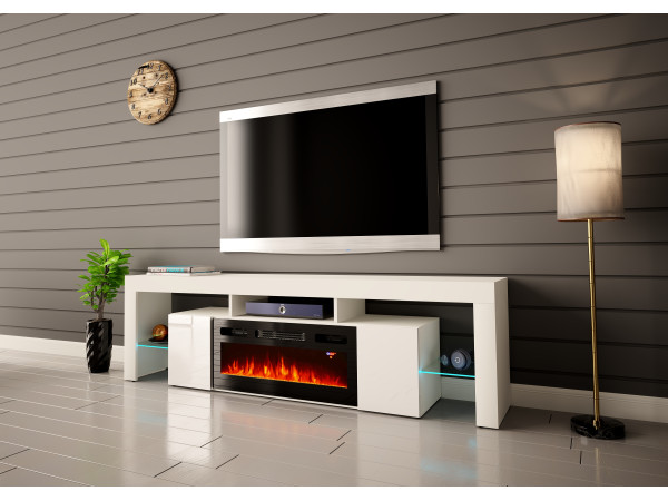 Szafka RTV z kominkiem SOLEO 200cm Biała