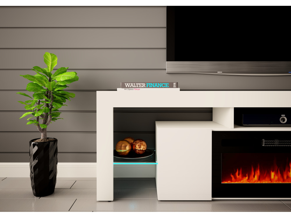 Szafka RTV z kominkiem SOLEO 200cm Biała