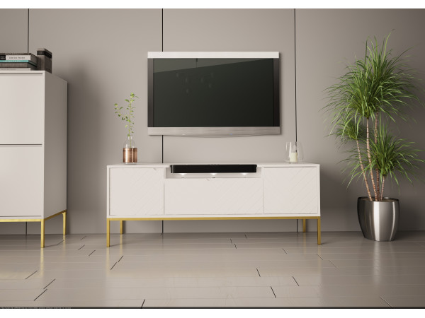 Szafka RTV Aspen 06 biała z głośnikiem JBL i oświetleniem złoty stelaż