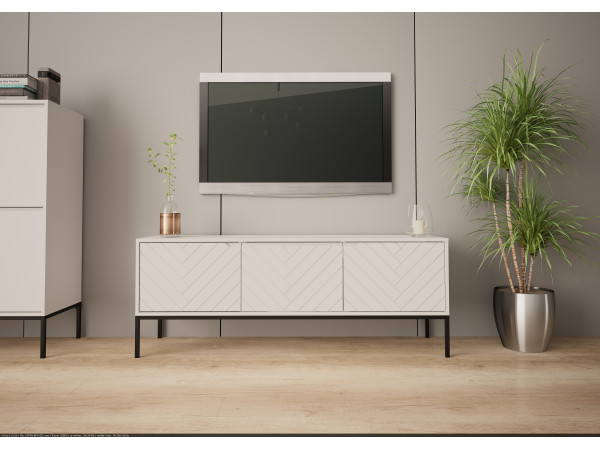 Szafka RTV 150cm w jodełkę Aspen 01 biały mat z czarnym stelażem