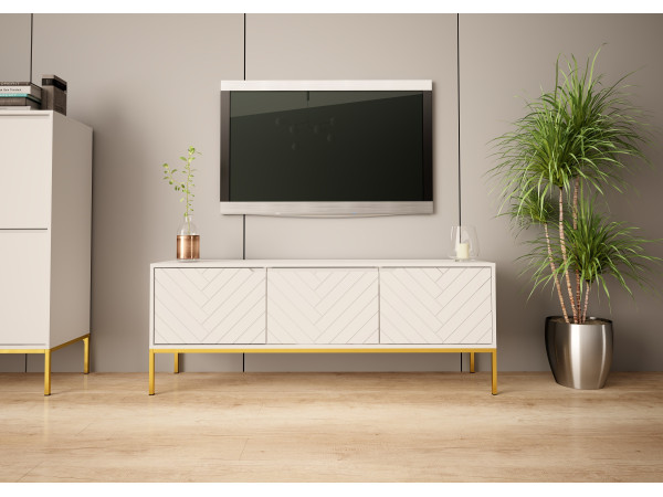 Szafka RTV 150cm w jodełkę Aspen 01 biały mat ze złotym stelażem